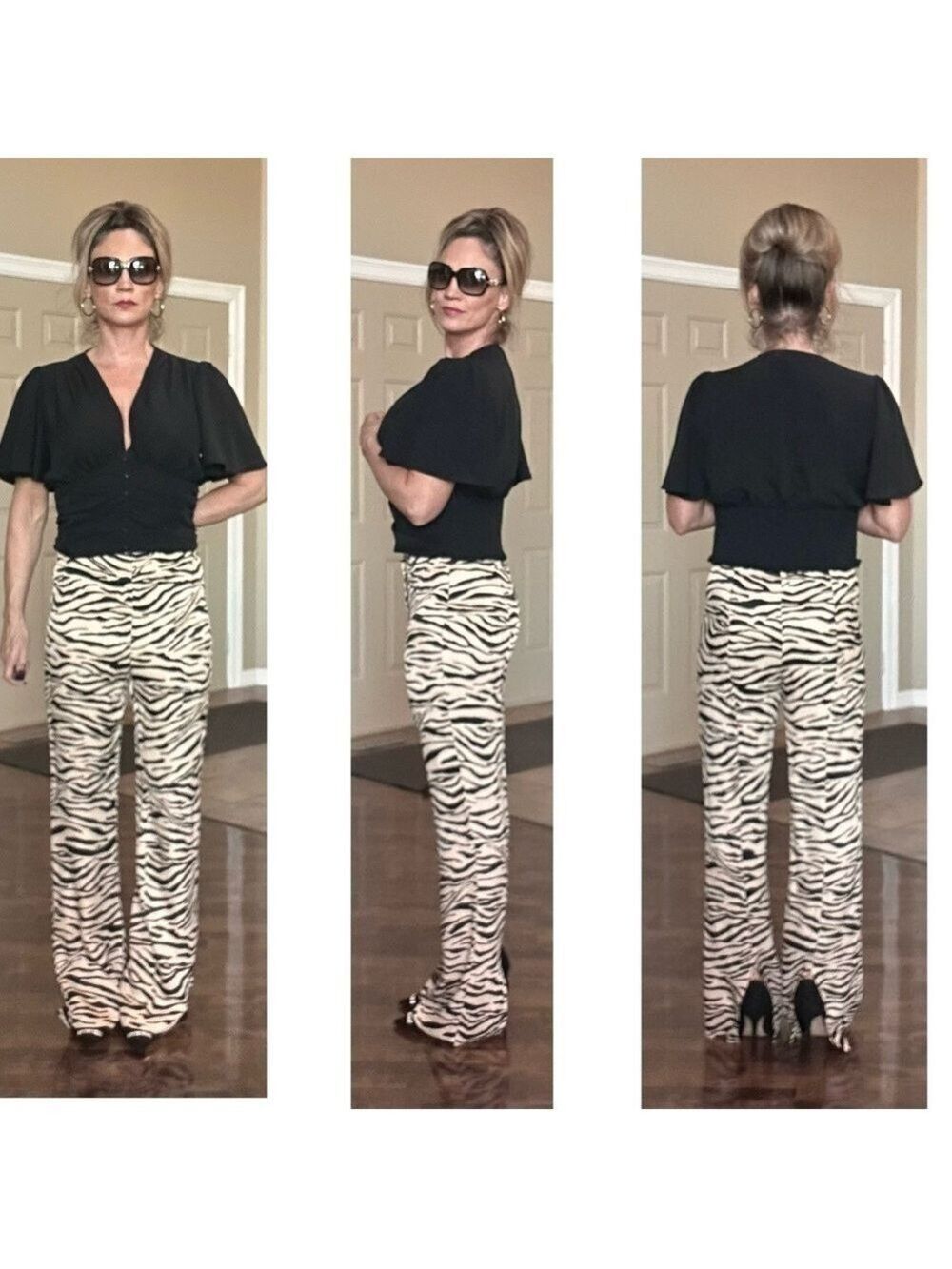 Zara cream black tiger animal print satin effect pyjama pants back slit M NWOT